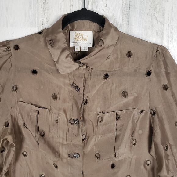 Sara Berman 70% Silk Brown Long Sleeve Cut-Out Shirt Women's Size Medium - Picture 2 of 12